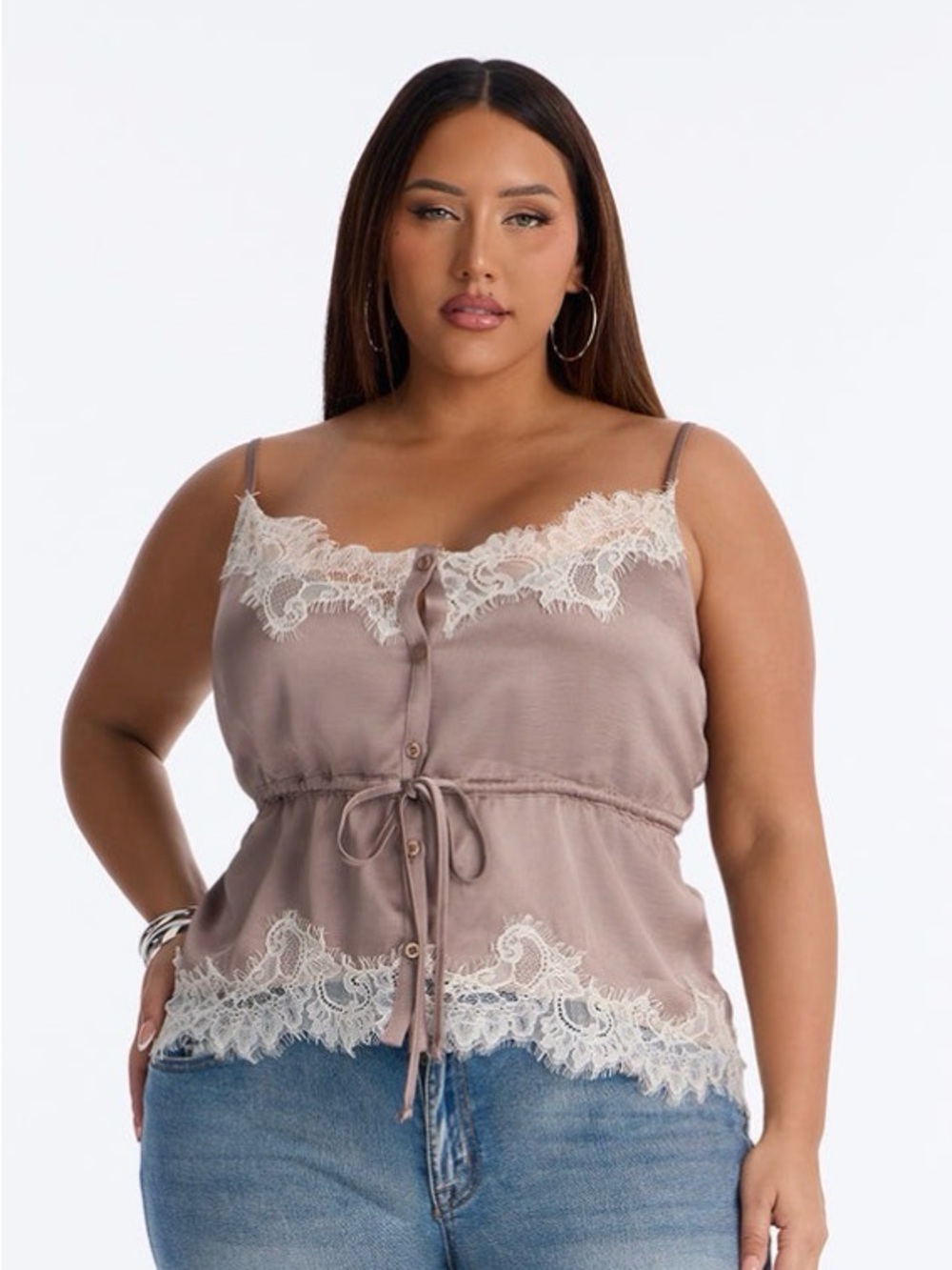 Fashion Nova Taupe Lace-Trim Cami Top